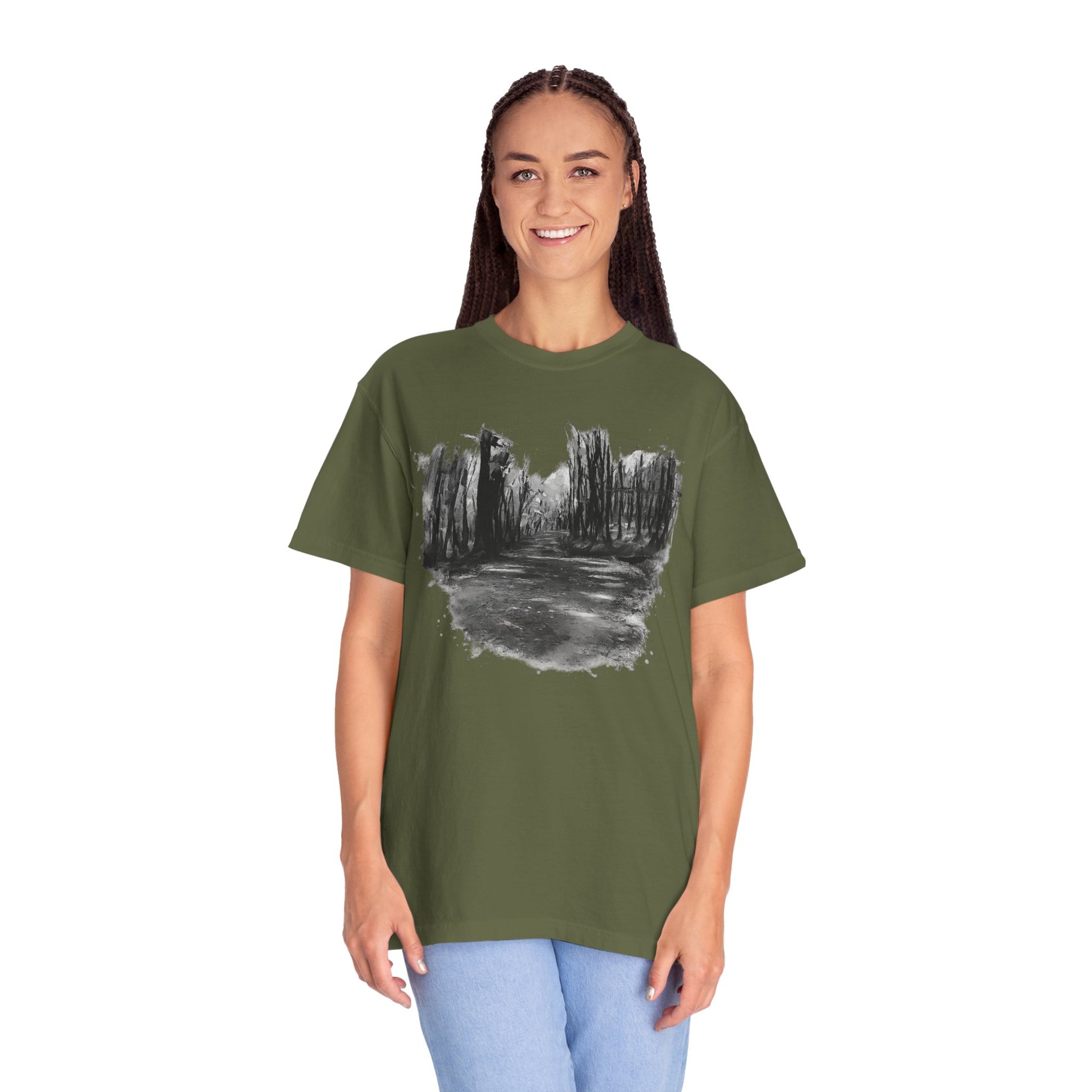Artistic Forest Scene T-shirt | Nature Lover Gift, Outdoor Adventure Tee, Eco-Friendly Fashion, Vintage Inspired Clothing, Unisex Gift - TRV