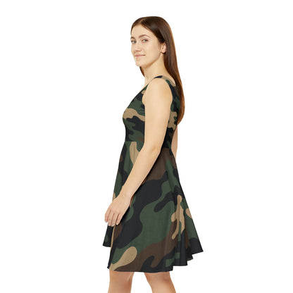 Women’s camo skater dress with all-over print, casual summer style, stylish and comfortable for parties and everyday wear.