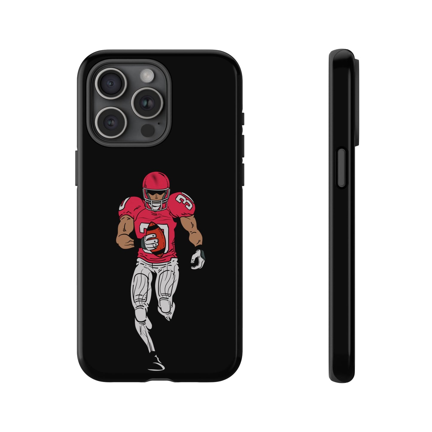 Black football player tough phone case for iPhone, protective sports design by Printify, featuring a dynamic athletic image.