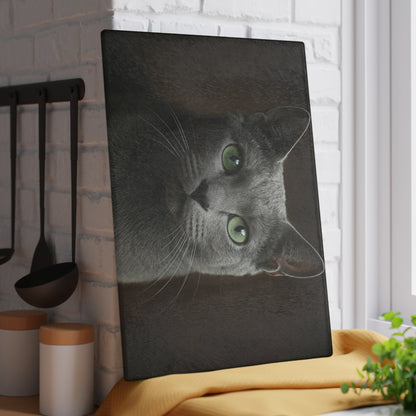 Russian Blue Cat Glass Cutting Board — Decorative Kitchen Cutting Board with Green-Eyed Cat Portrait
