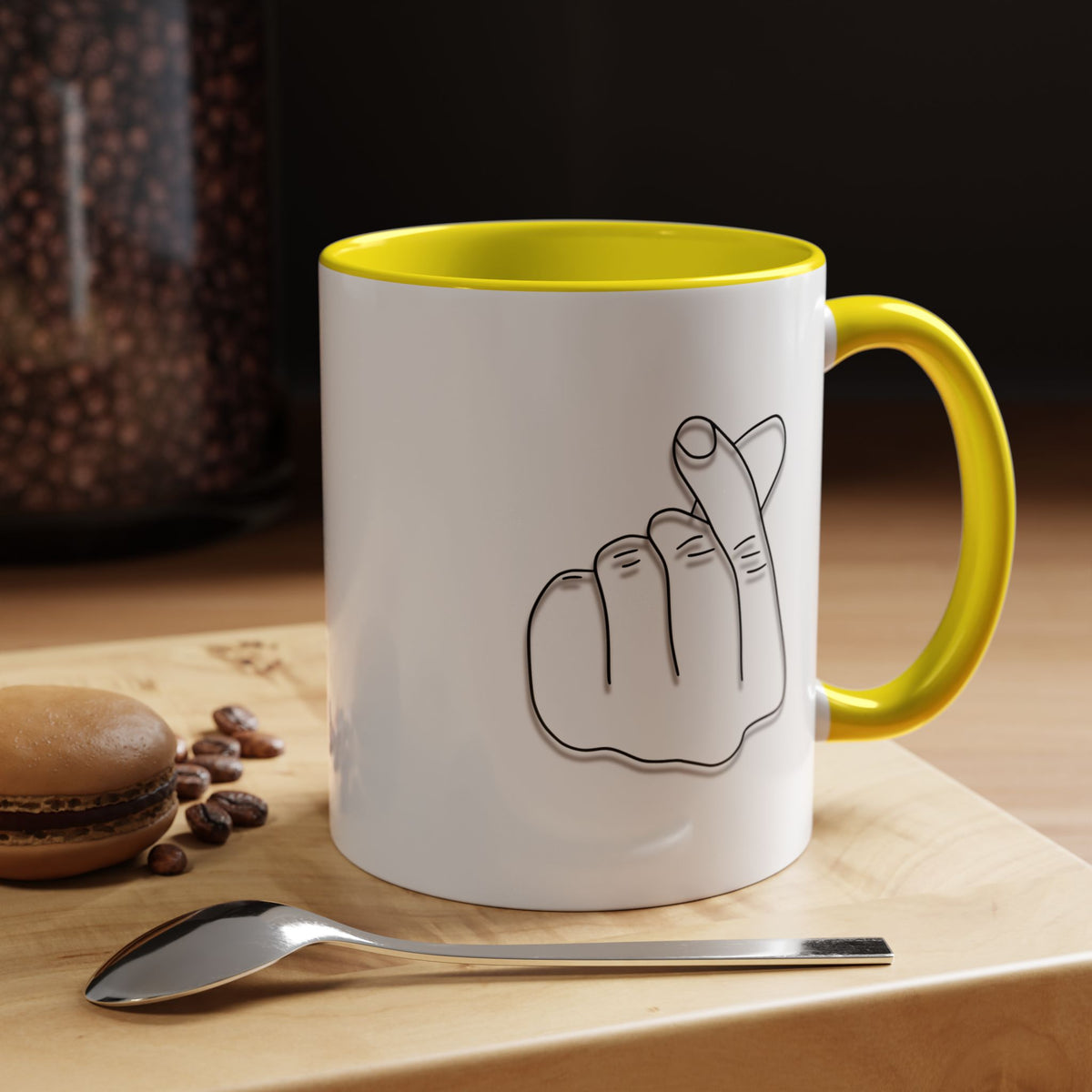 Minimal Korean finger heart accent coffee mug by Printify, 11oz or 15oz, featuring a simple design and a comfortable handle.
