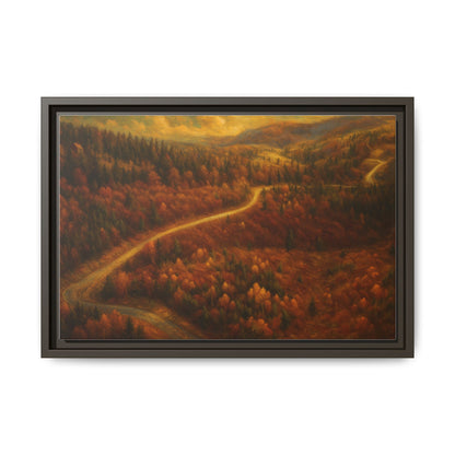 Framed matte canvas print of an autumn forest road landscape wall art by Printify, showcasing vibrant fall colors and scenic nature view.