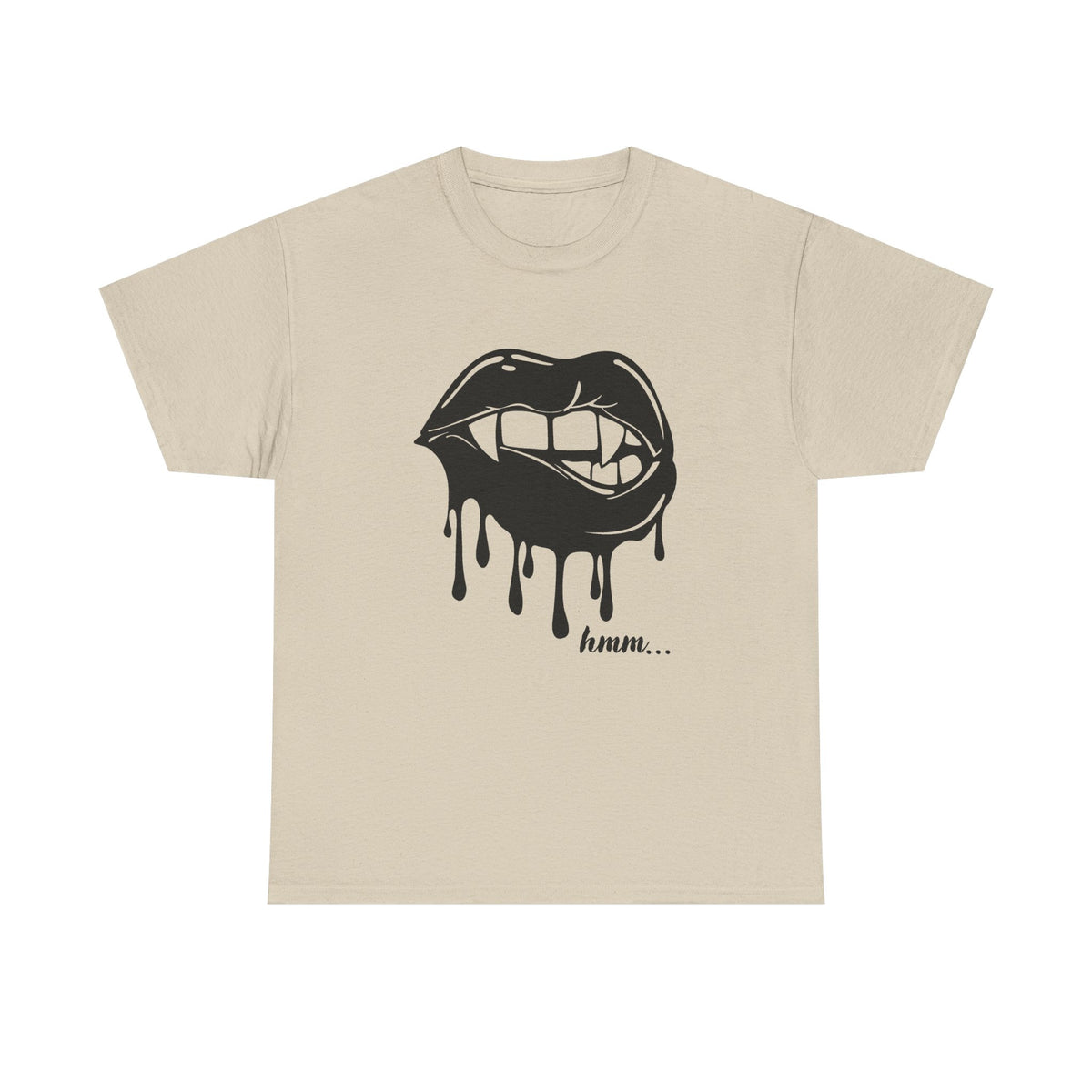 Black graphic T-shirt by Printify featuring dripping lips with "hmm..." bite design on the front.