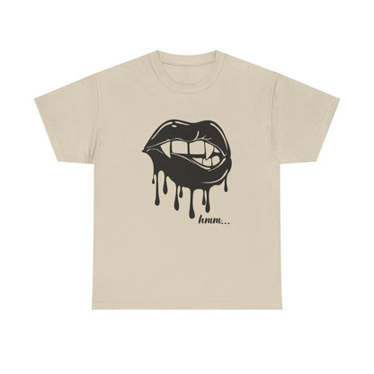 Black graphic T-shirt by Printify featuring dripping lips with "hmm..." bite design on the front.