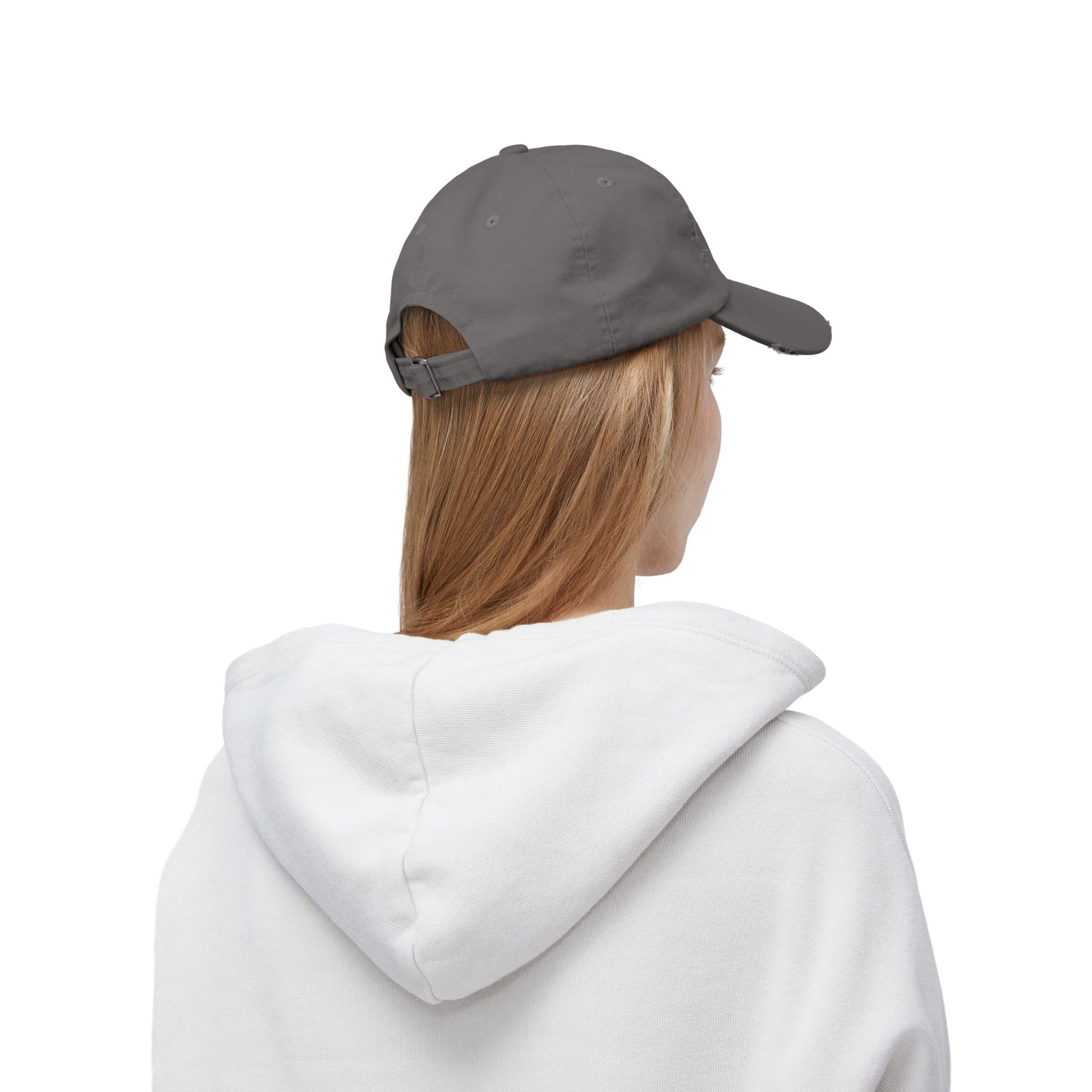 Distressed baseball cap with silhouette batter design, casual hat from Printify featuring a vintage, worn look.