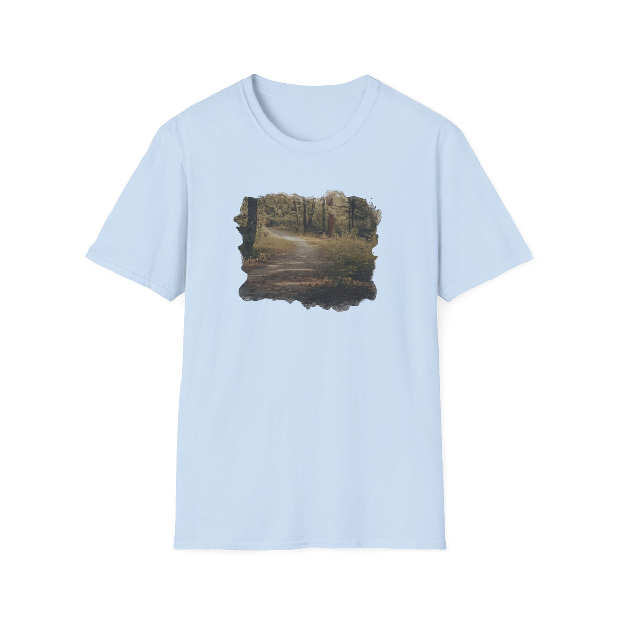 Vintage forest landscape T-shirt by Printify featuring a nature pathway design on a comfortable casual tee.
