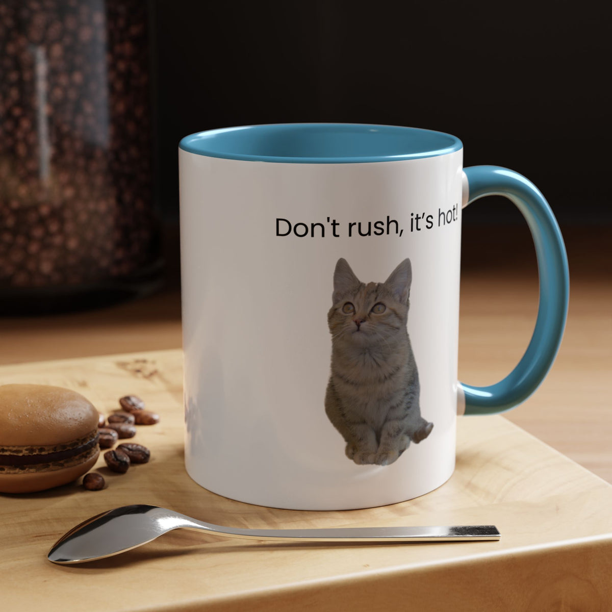 Ceramic cat coffee mug with "Don't rush, it's hot!" text, 11 or 15 oz, featuring a playful cat design and vibrant colors.