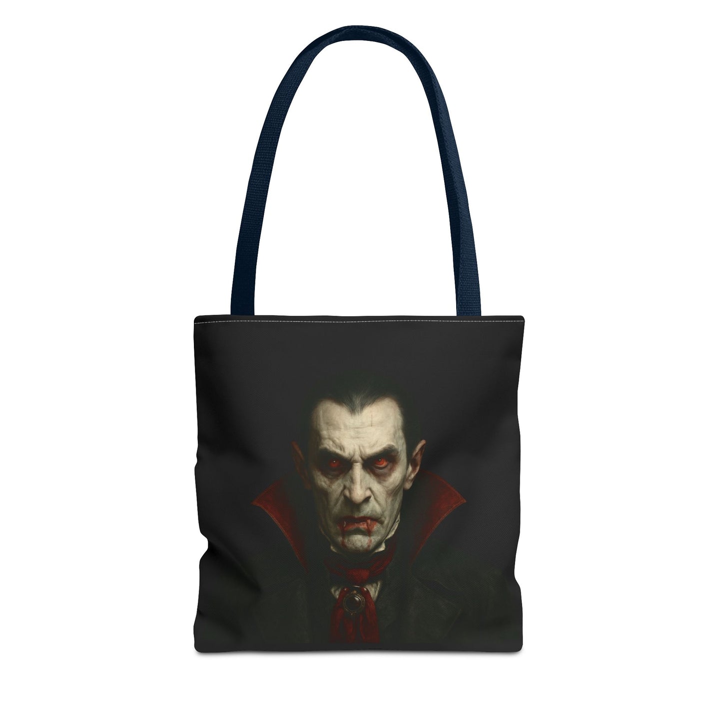 Black vampire tote bag with gothic spooky design, featuring a vampire motif, perfect for Halloween fashion and accessories.