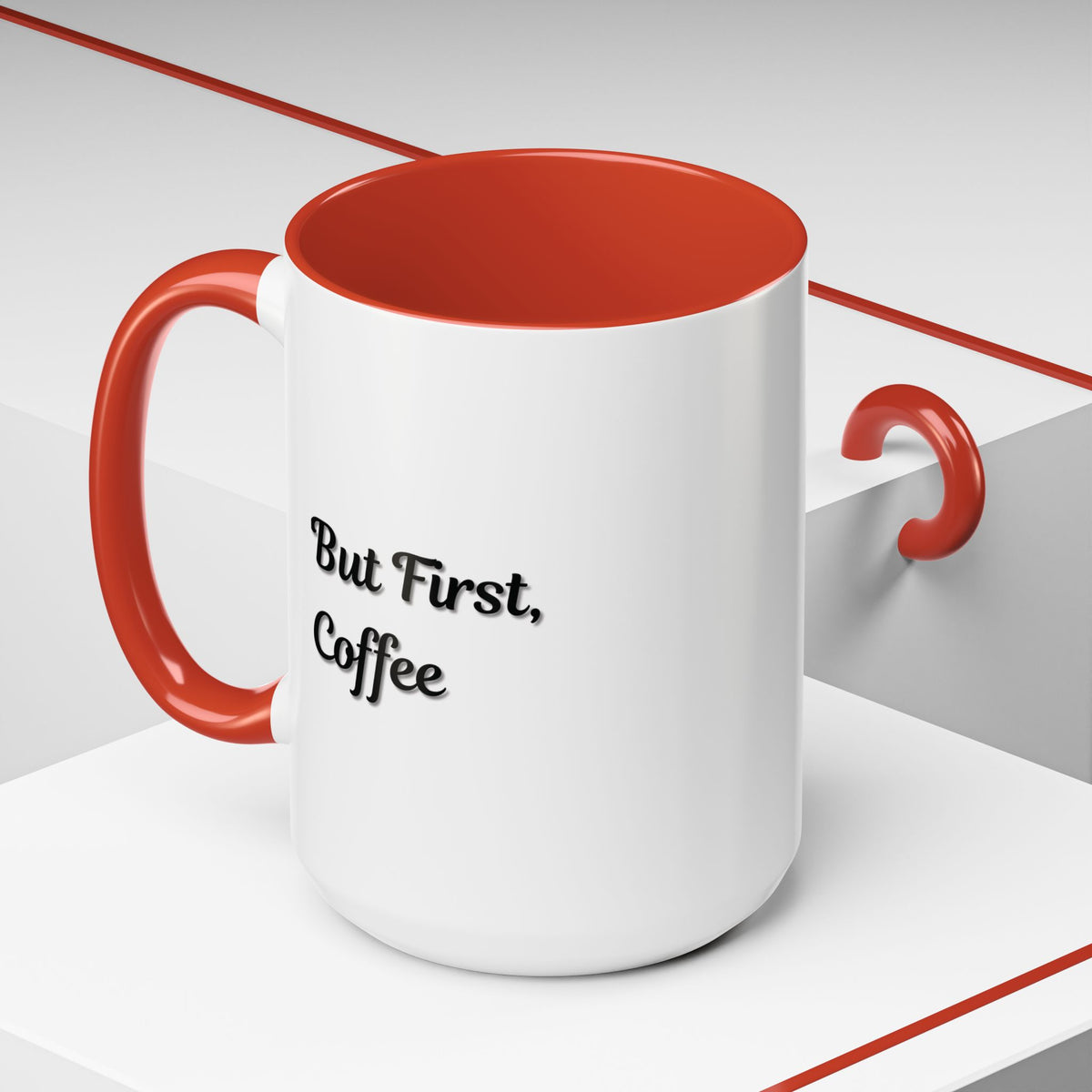 Black handle and rim coffee mug with "But First Coffee" print, 11oz size, designed by Printify.