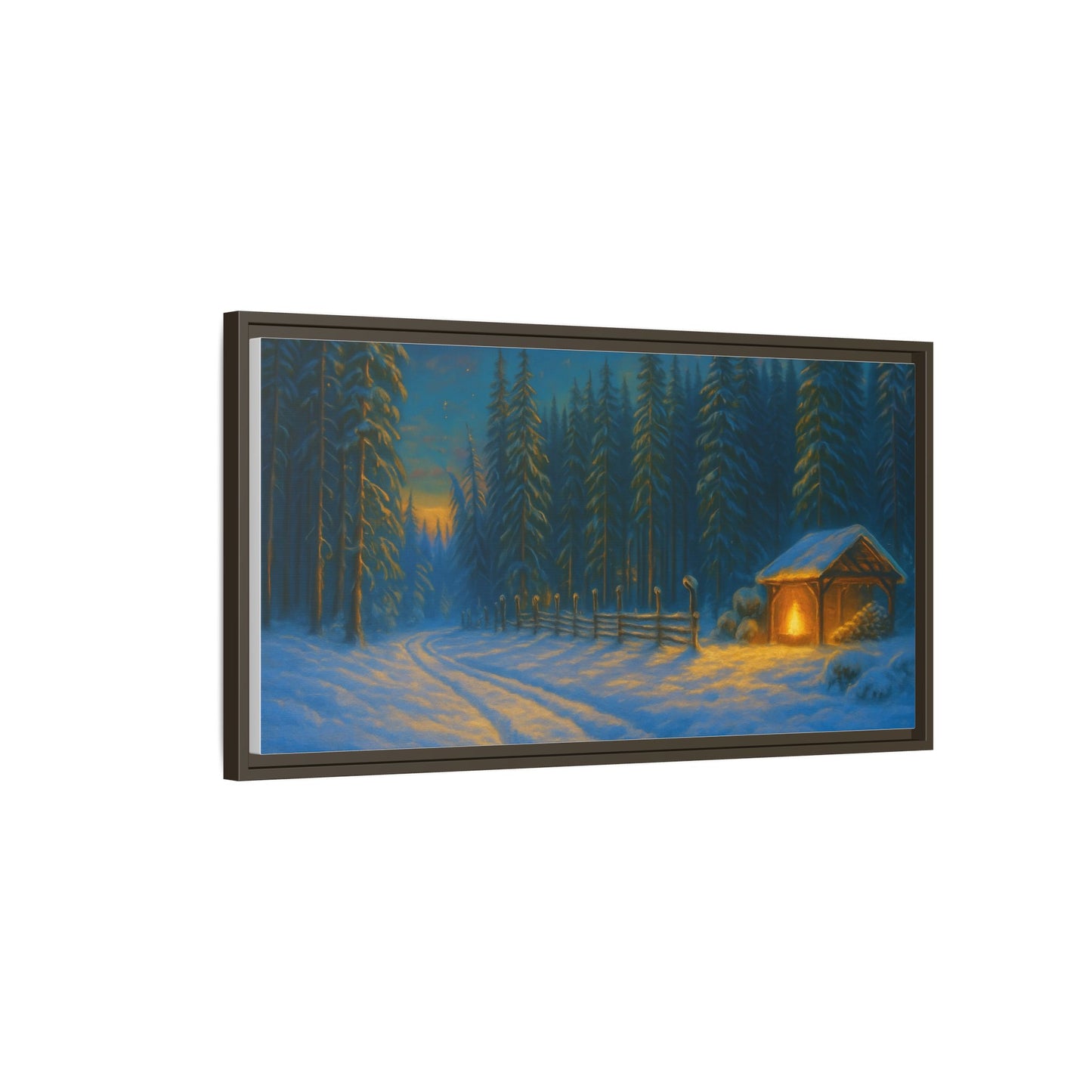 Cozy winter cabin canvas wall art by Printify featuring a snowy forest scene in a matte framed print.