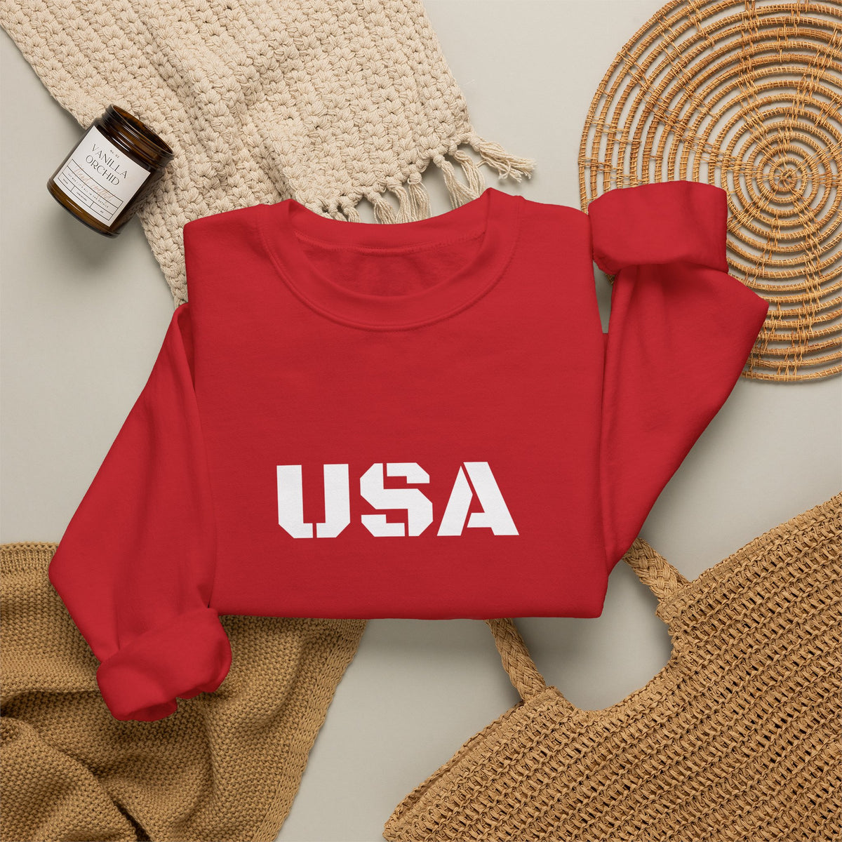 USA crewneck sweatshirt by Printify featuring a cozy, patriotic design, perfect for casual wear and seasonal style.