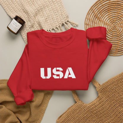 USA crewneck sweatshirt by Printify featuring a cozy, patriotic design, perfect for casual wear and seasonal style.