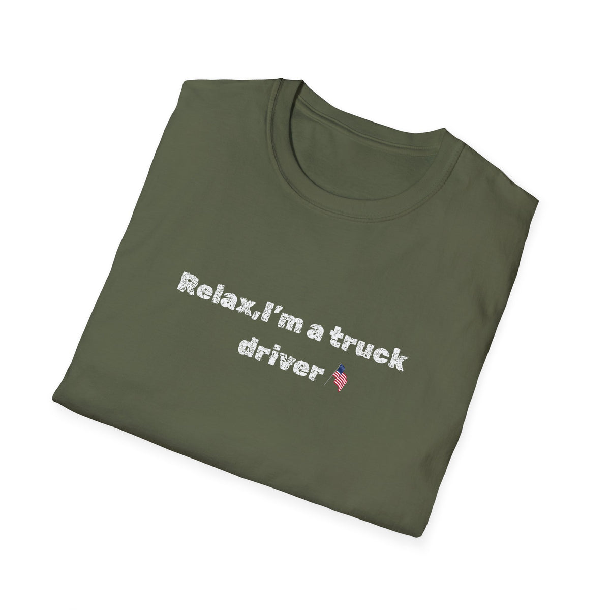 Pink heart and funny text "Relax, I'm a Truck Driver" on a casual Printify T-shirt for truck drivers.