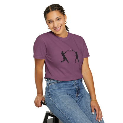Black baseball silhouette T-shirt featuring minimal baseball players graphic on a casual Printify T-shirt.