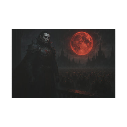 Red moon vampire lord matte canvas print by Printify featuring a dark, gothic vampire figure against a red lunar background.