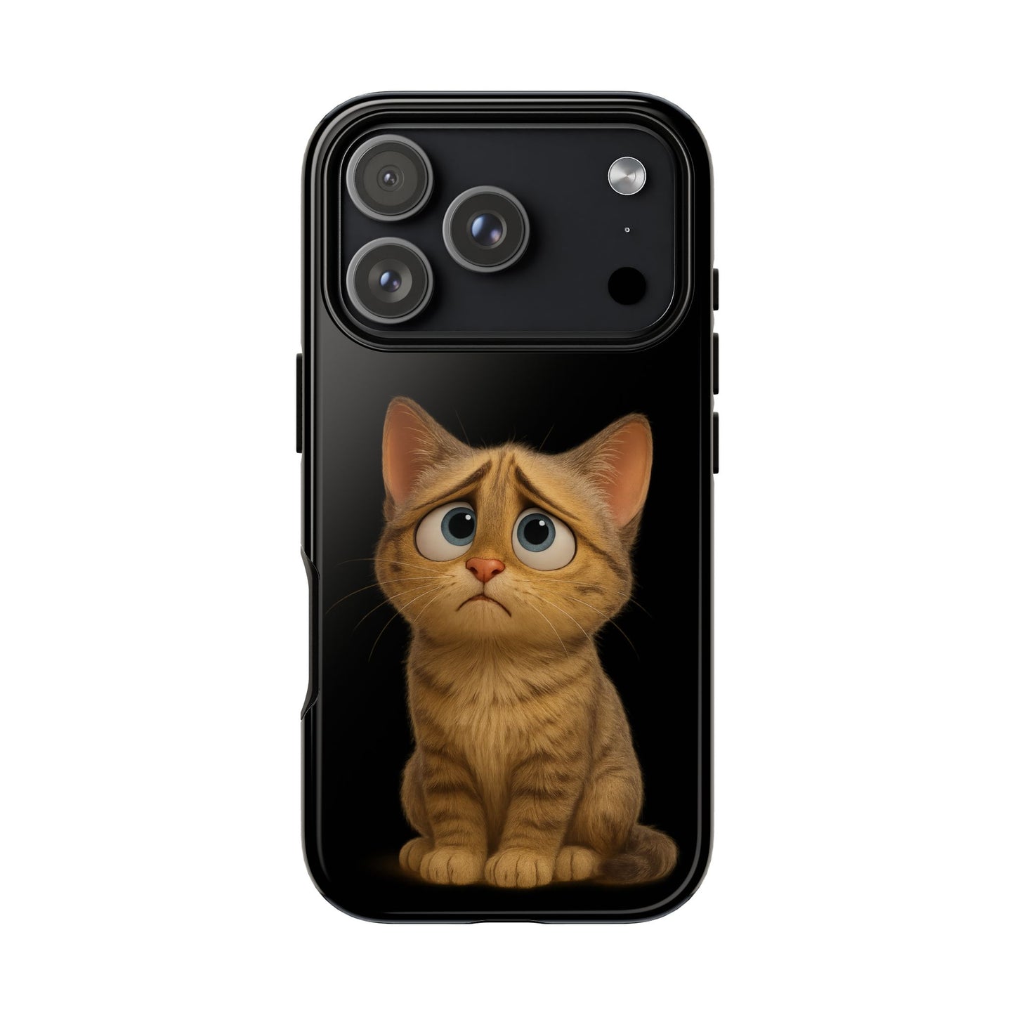 Cute sad kitty cat phone case for iPhone by Printify, featuring a protective design with a sad kitten illustration.