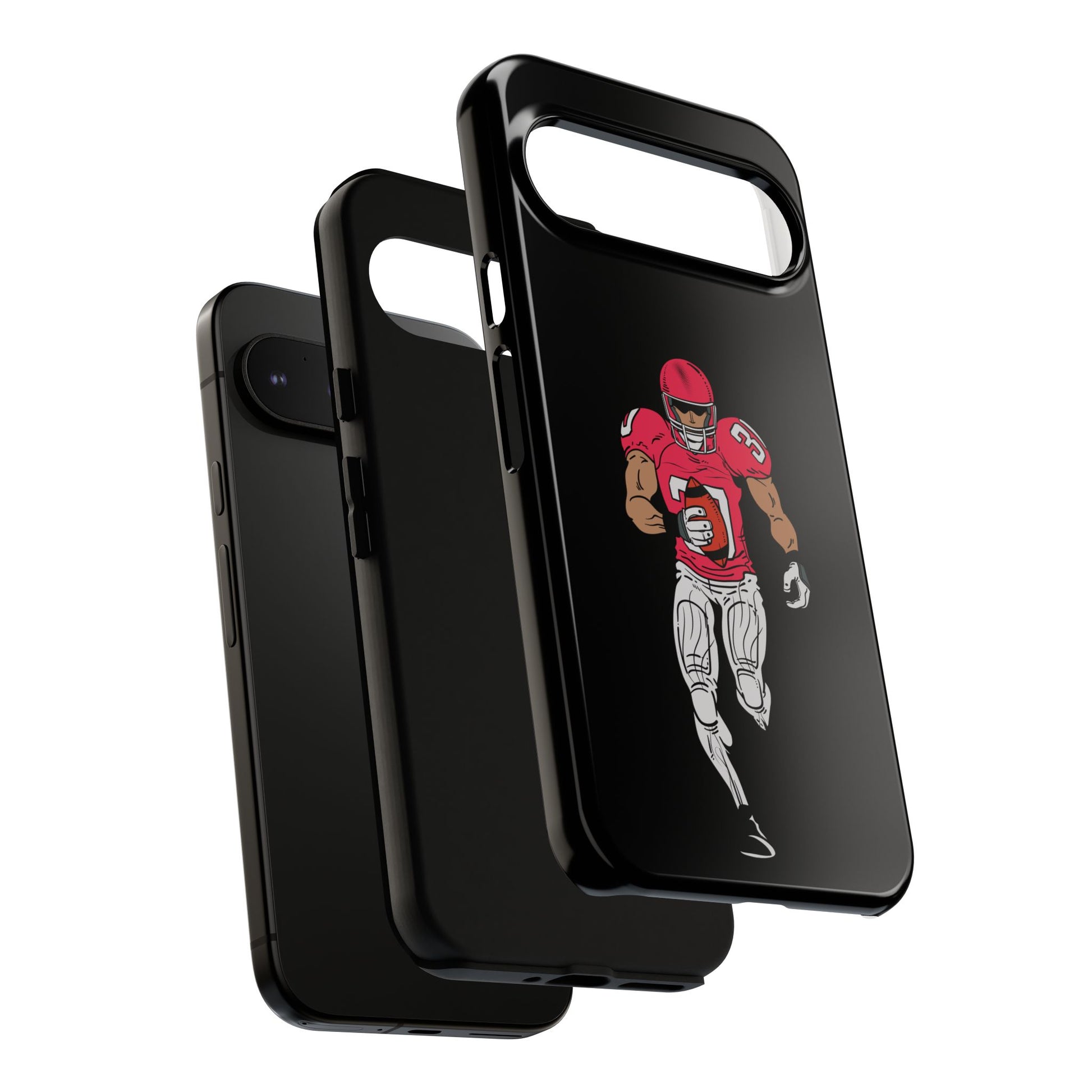 Black football player tough phone case for iPhone with protective design, featuring sports-themed artwork by Printify.