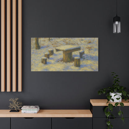 Snowy forest winter landscape canvas wall art, matte stretched print showcasing a snowy forest scene with trees and snow-covered ground.
