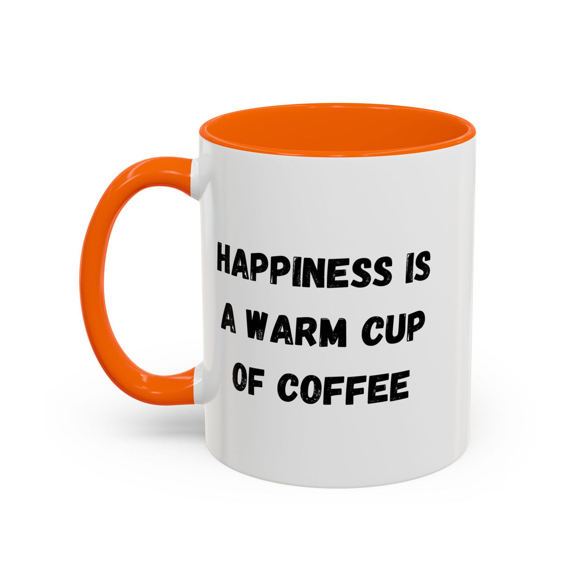 Ceramic coffee mug with "Happiness Is A Warm Cup Of Coffee" quote, white accent mug from Printify with a warm coffee beverage inside.