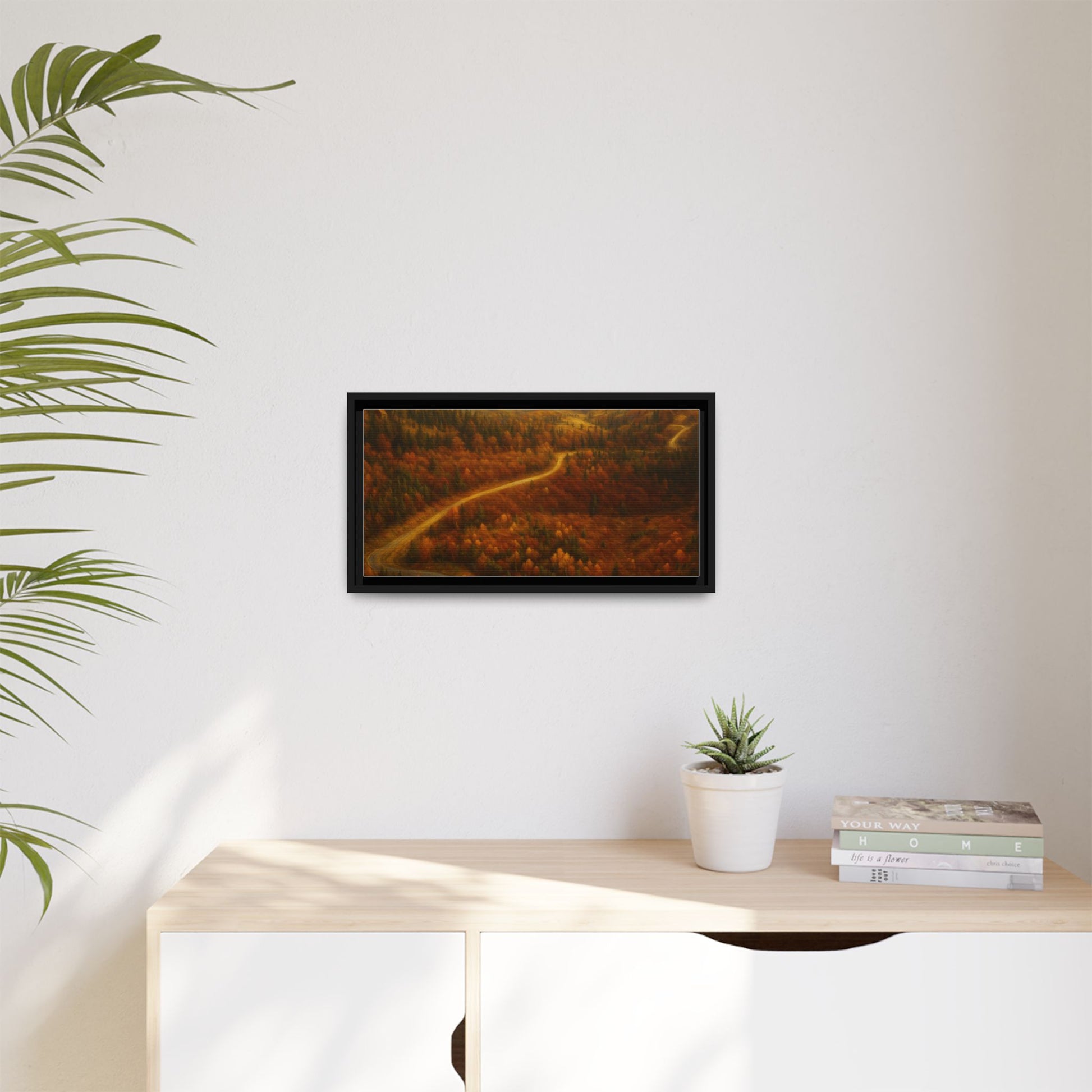 Framed matte canvas print of autumn forest road landscape wall art by Printify, featuring vibrant fall trees and a scenic woodland path.