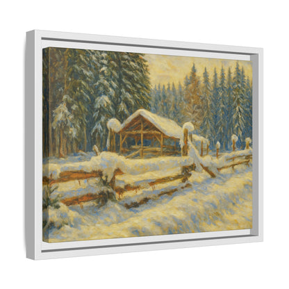 Snowy cabin winter landscape painting on matte canvas wall art, framed print by Printify showing a cozy snowy scene