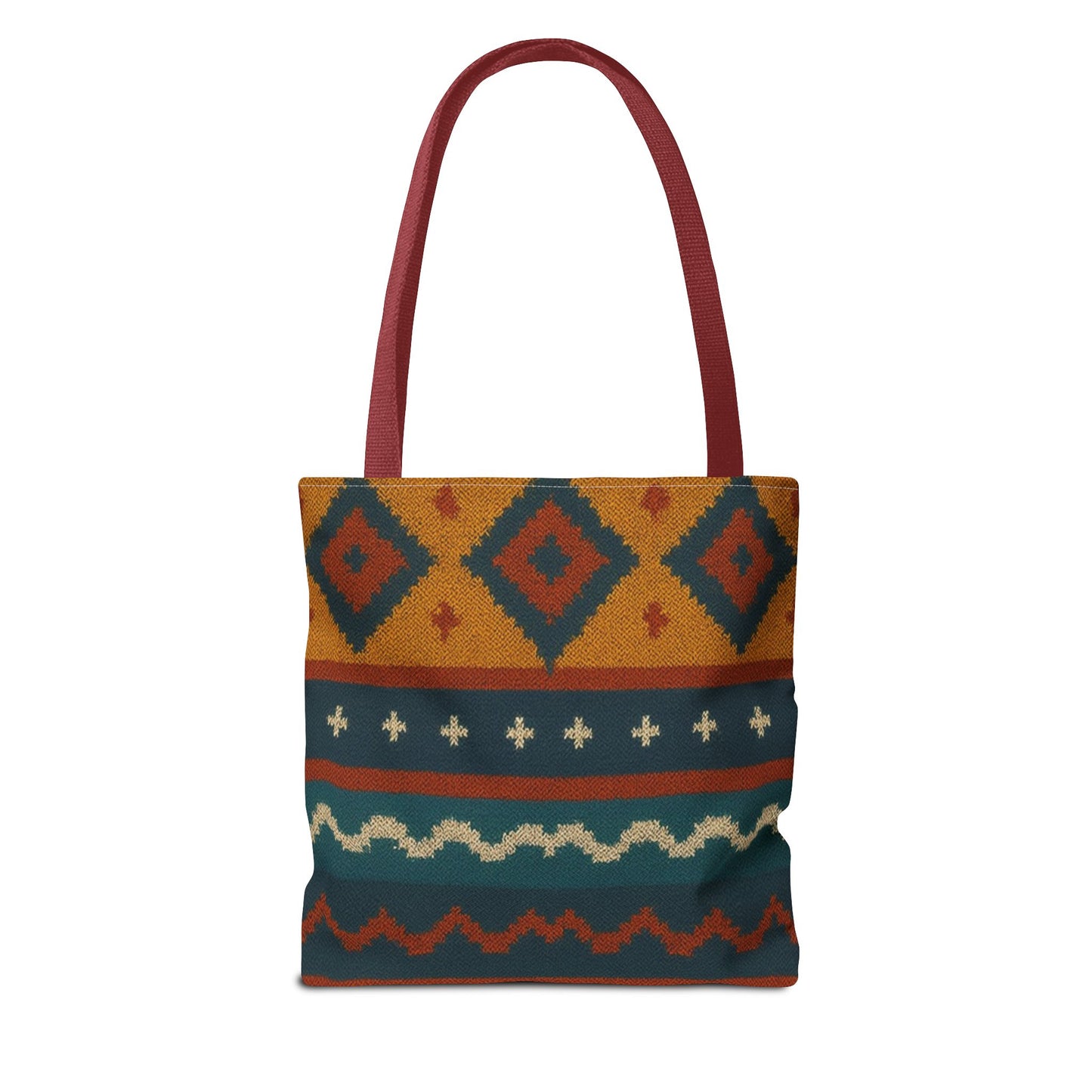 Southwestern diamond pattern tote bag with Aztec tribal geometric print, made by Printify, featuring vibrant tribal-inspired design.