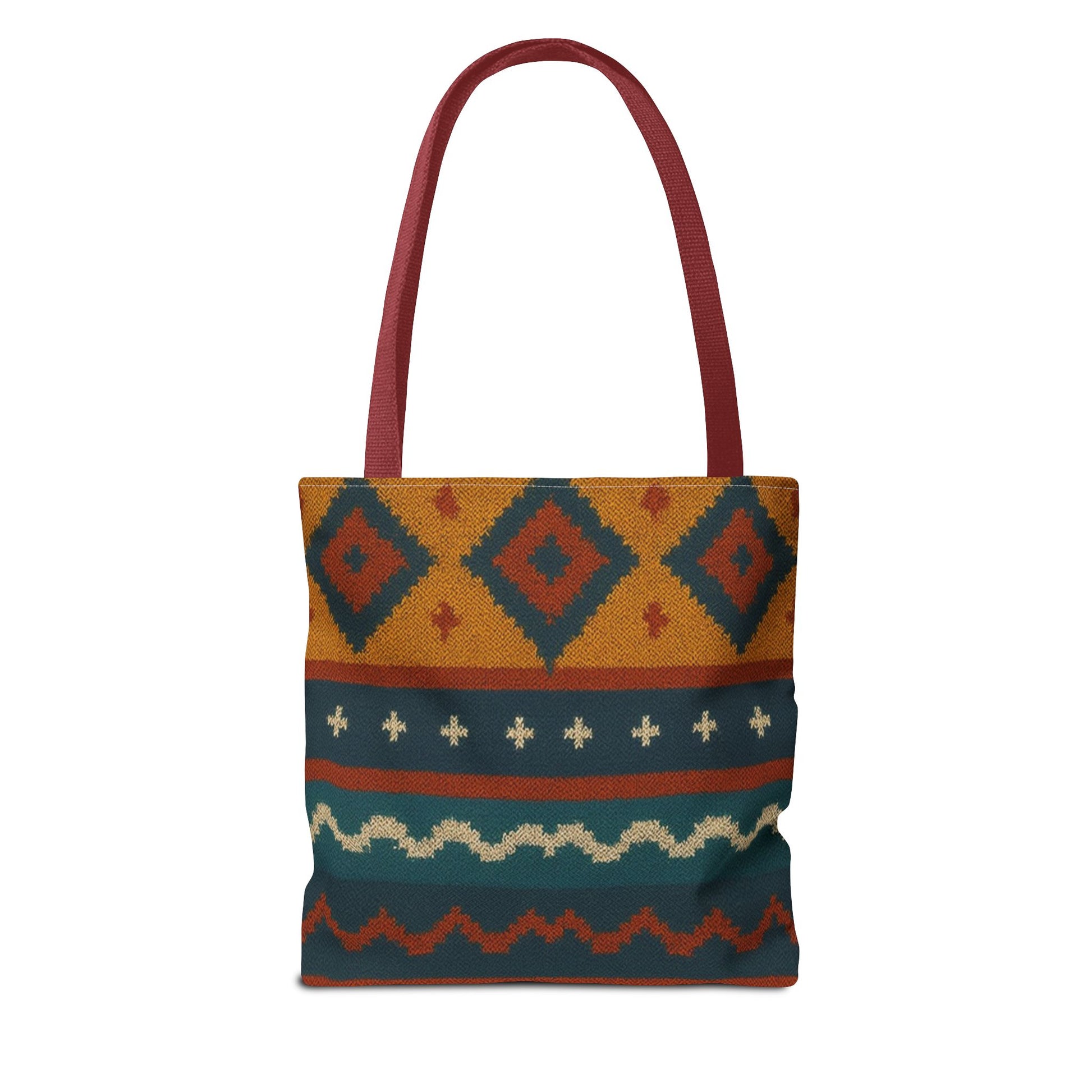 Southwestern diamond pattern tote bag with Aztec tribal geometric print, made by Printify, featuring vibrant tribal-inspired design.