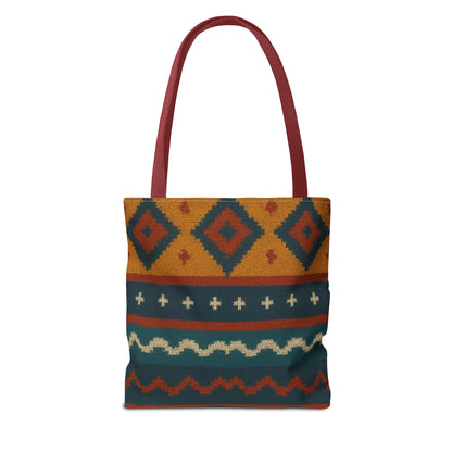 Southwestern diamond pattern tote bag with Aztec tribal geometric print, made by Printify, featuring vibrant tribal-inspired design.