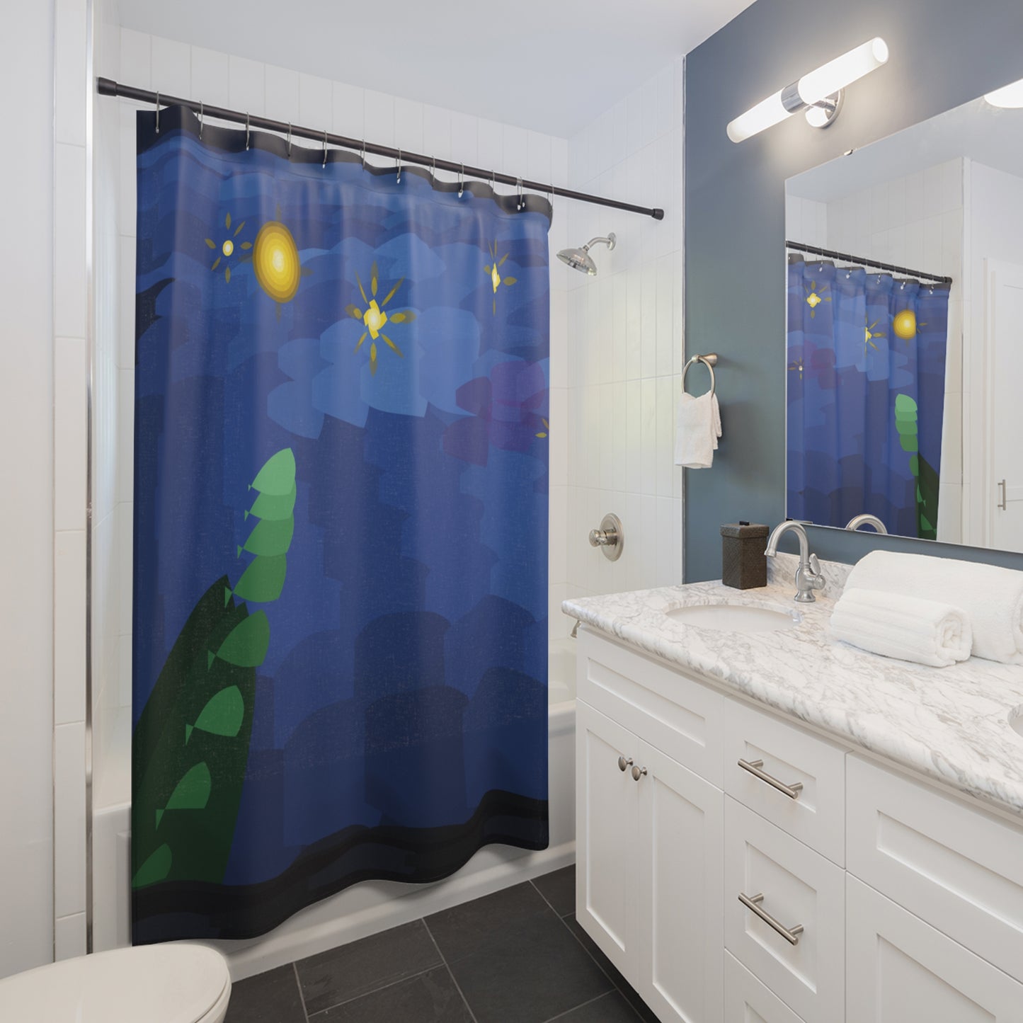 Starry Night Blue Shower Curtain | Nautical Ocean Waves Stars
