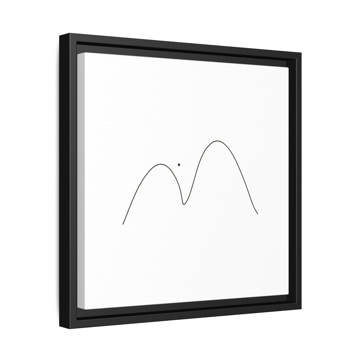 Minimalist mountain line art on framed matte canvas by Printify, featuring simple mountain peaks in black ink.