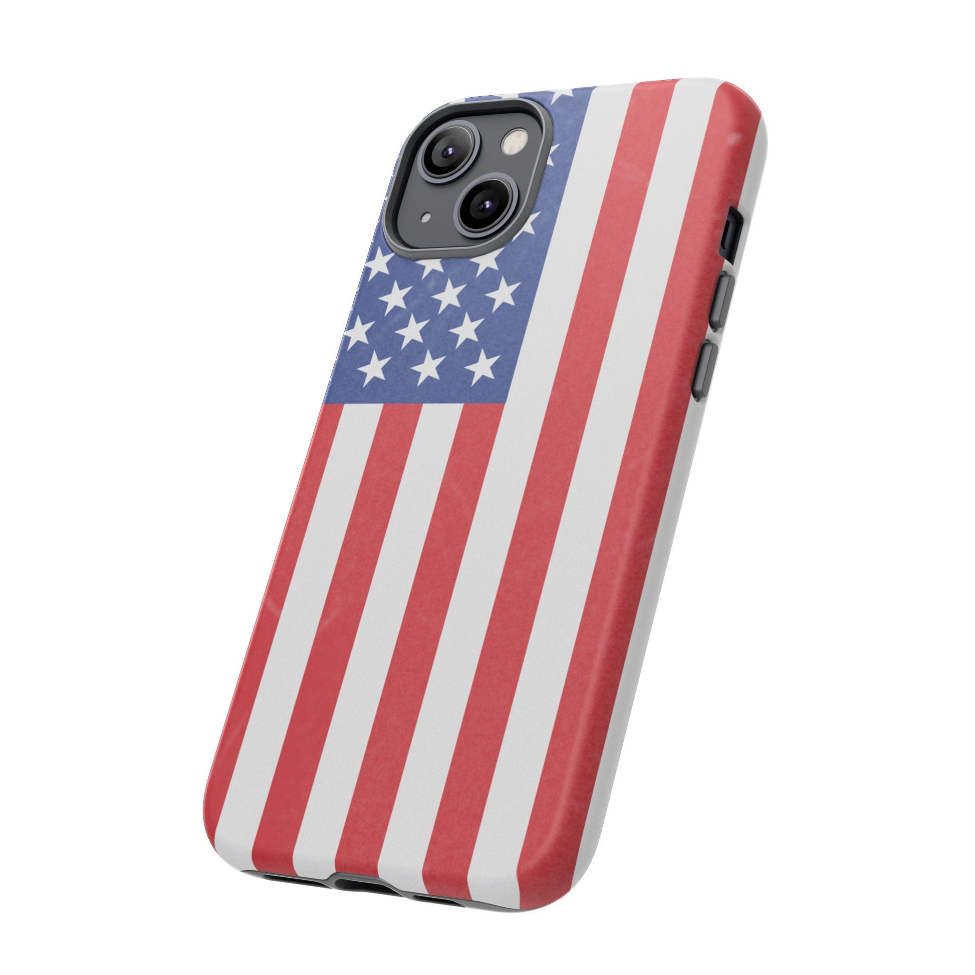 American flag tough phone case for iPhone and Samsung, patriotic protective cover with bold flag design by Printify.