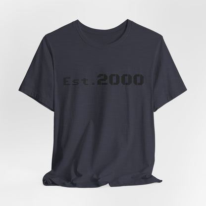 Black retro pixel T-shirt with "Born in 2000" text, featuring vintage-inspired design by Printify.