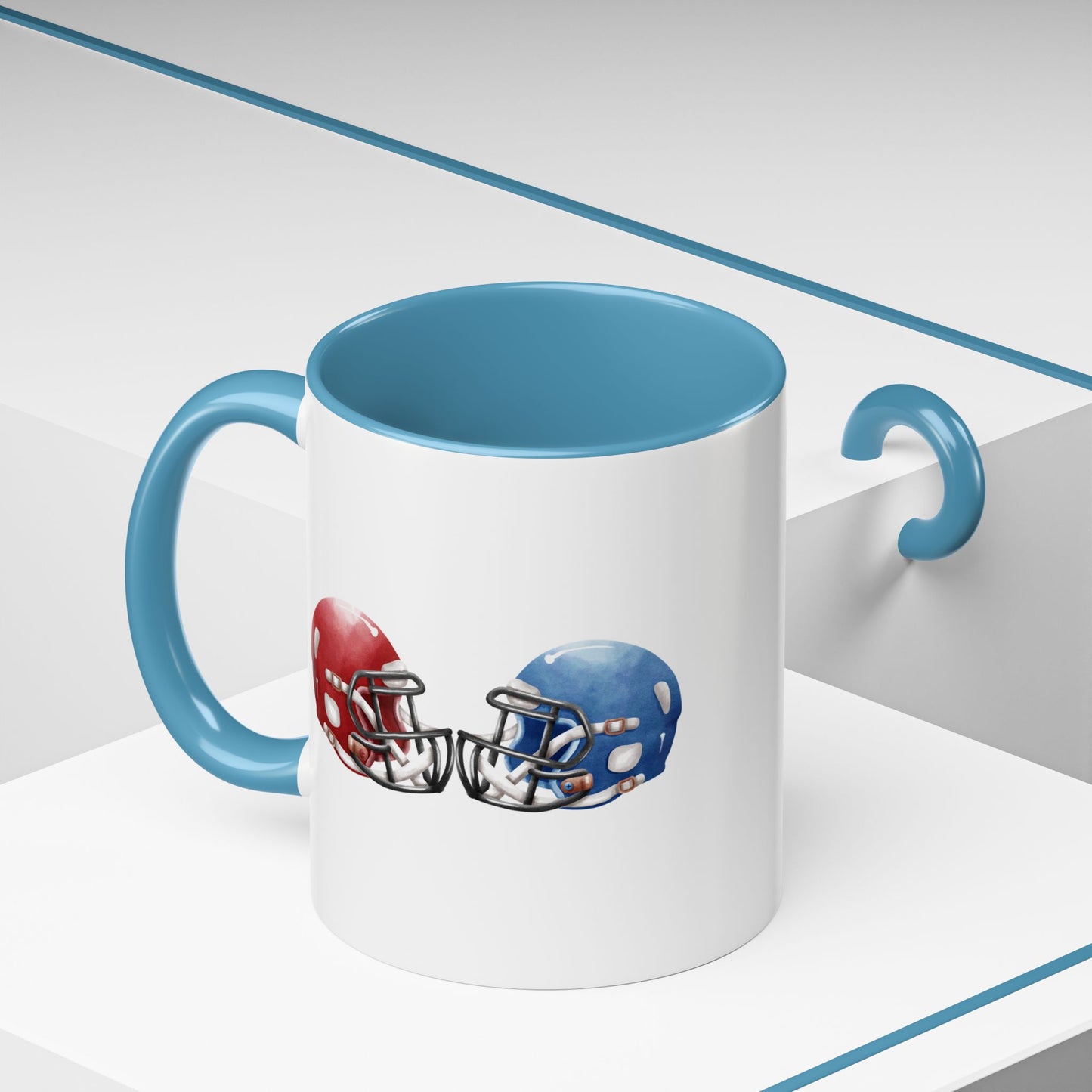 Football Helmet Coffee Mug — Red vs Blue Rivalry Accent Mug (11/15oz)