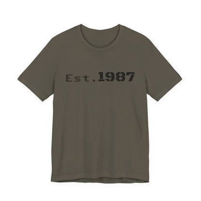 Vintage Est. 1987 T-Shirt by Printify featuring classic Born 1987 design on soft cotton fabric.