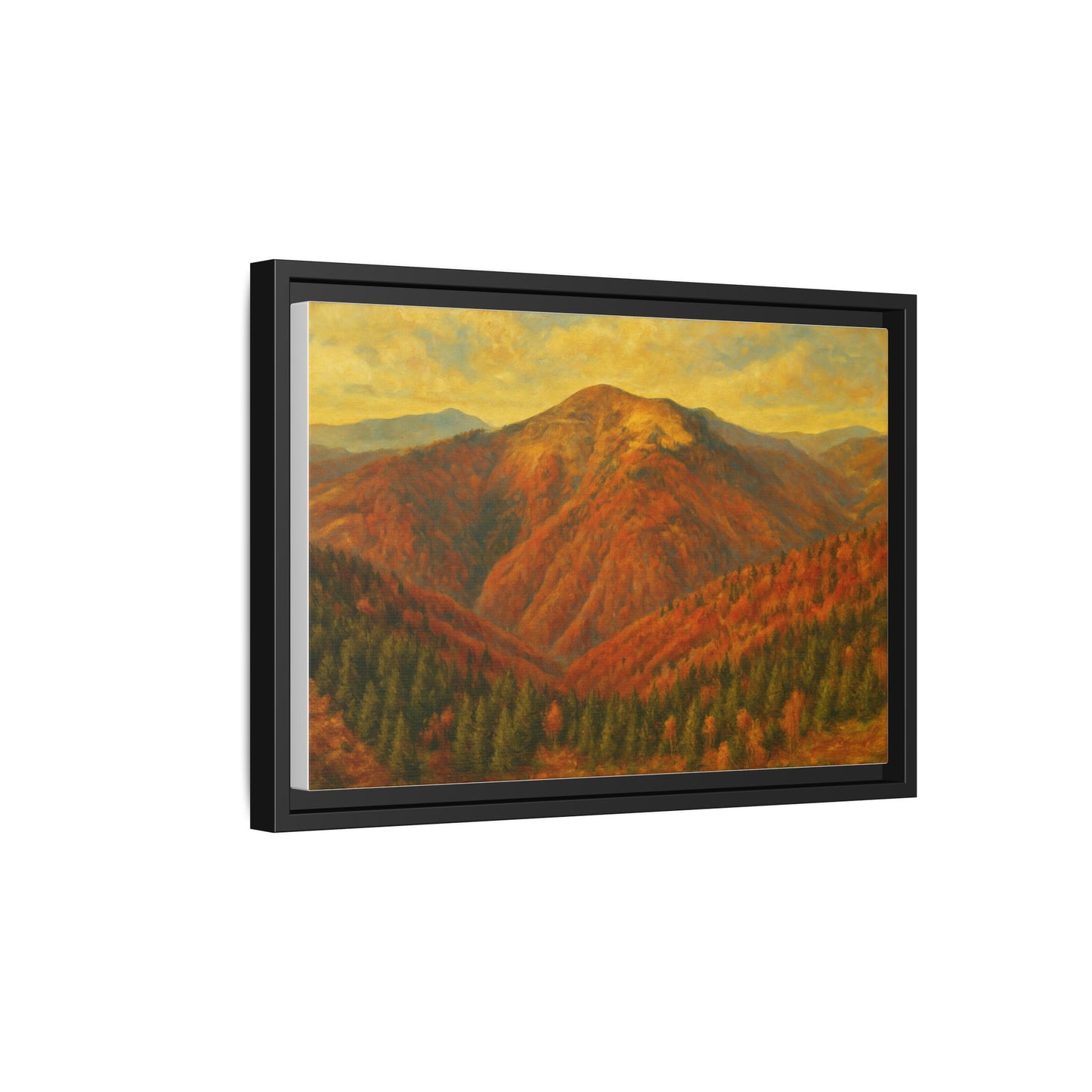 Autumn mountain matte canvas framed wall art by Printify showing a scenic mountain landscape in warm fall colors.