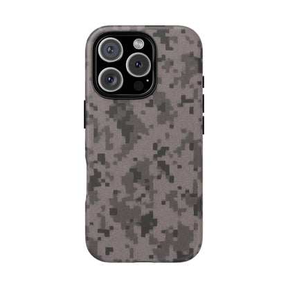 Gray digital camouflage phone case by Printify, tough protective cover for smartphones with rugged camo design.