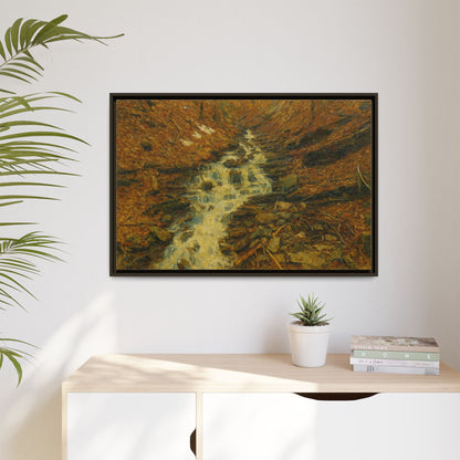 Framed matte canvas print of autumn stream landscape artwork by Printify, featuring vibrant fall colors and natural scenery.