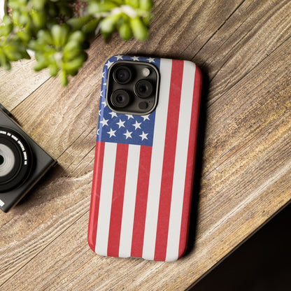 American flag tough phone case for iPhone and Samsung by Printify, patriotic protective cover with bold flag design.