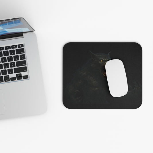 Werewolf art desk mat featuring dark gothic horror design, Printify branded mouse pad with detailed monster illustration.