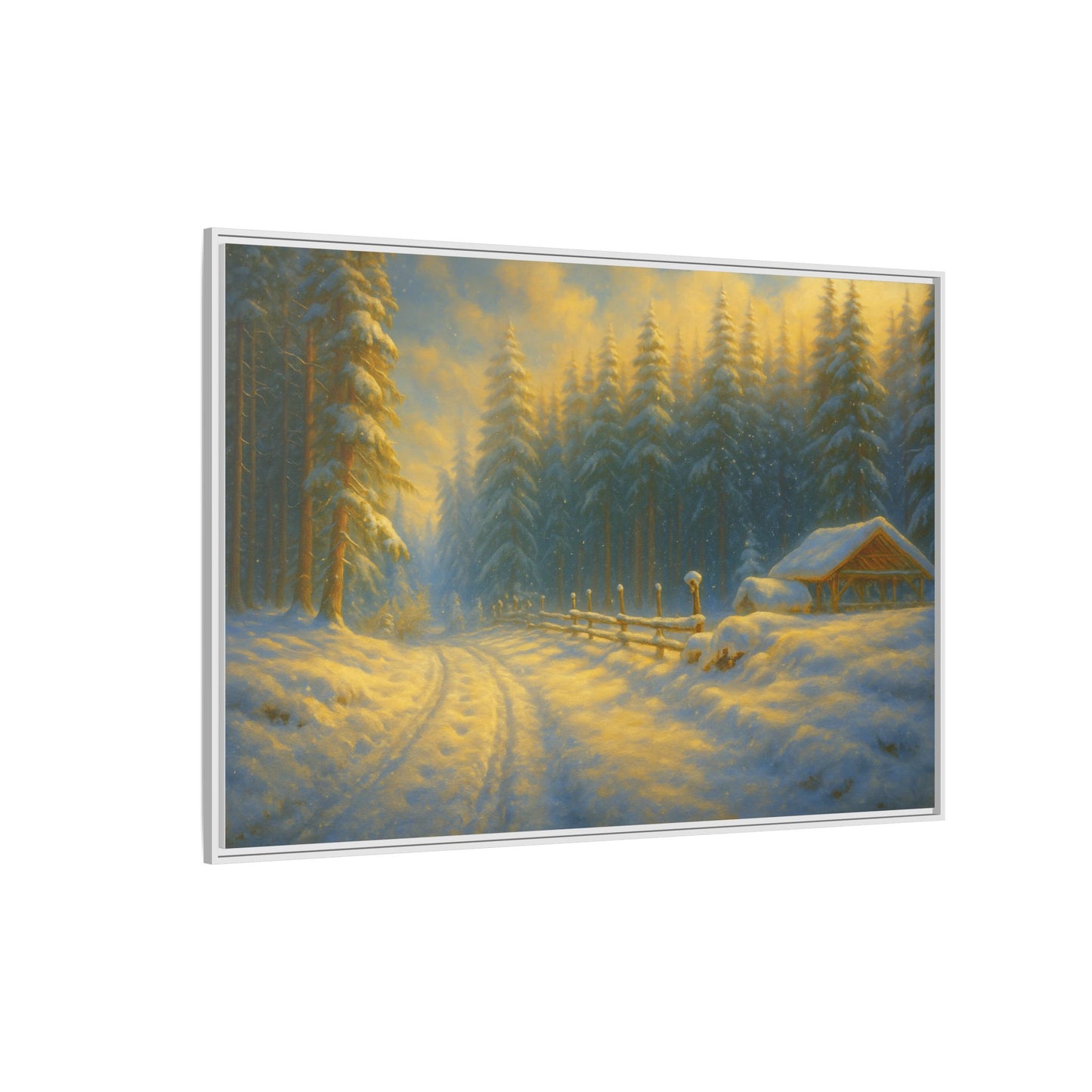 Framed winter cabin canvas print featuring a snowy forest sunset, wall art by Printify showcasing cozy winter scenery.