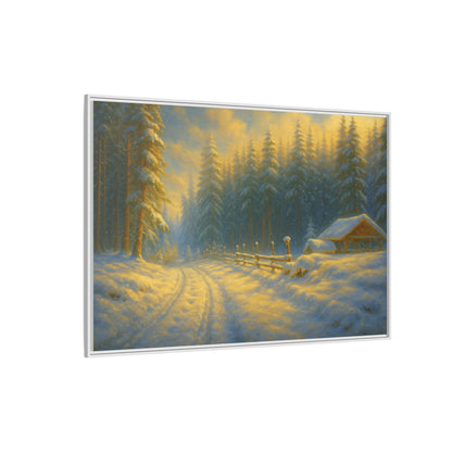 Framed winter cabin canvas print featuring a snowy forest sunset, wall art by Printify showcasing cozy winter scenery.