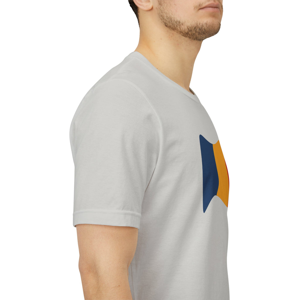 Romania flag T-shirt with minimal waving tricolor design, casual unisex tee by Printify featuring red, yellow, and blue colors.
