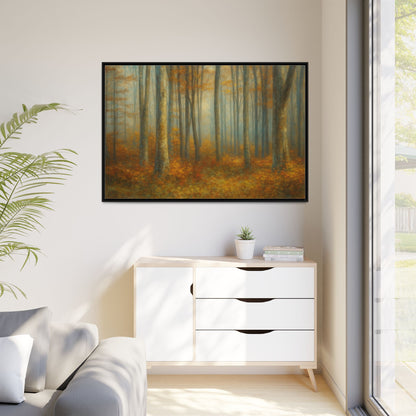 Framed autumn forest canvas print featuring misty woodland scene, wall art from Printify with vibrant fall colors.