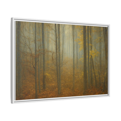 Framed matte canvas print of a misty autumn forest wall art showing vibrant fall trees and moody forest scene.