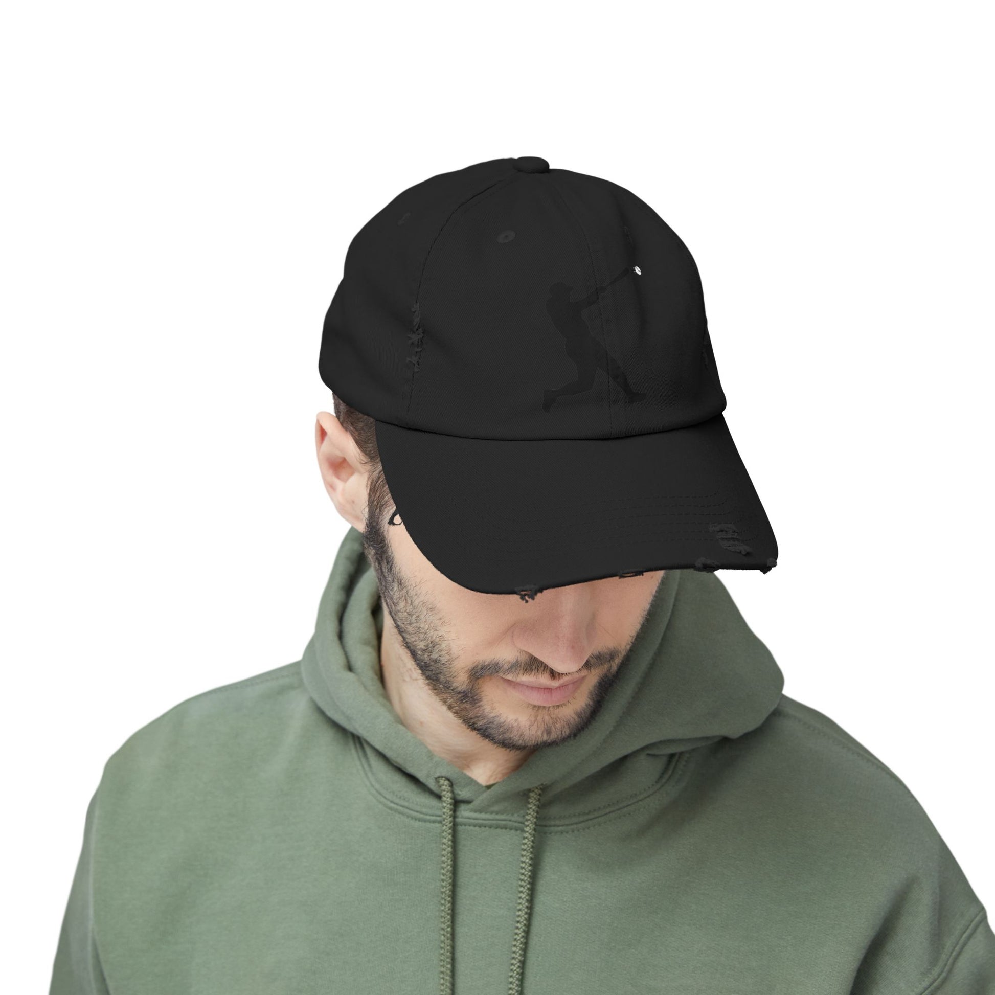 Distressed baseball cap with silhouette batter design, stylish hat by Printify featuring a casual, worn-in look.
