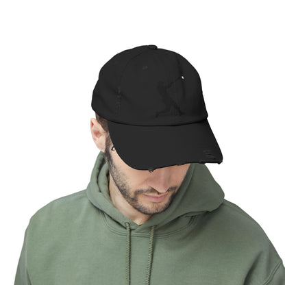Distressed baseball cap with silhouette batter design, stylish hat by Printify featuring a casual, worn-in look.