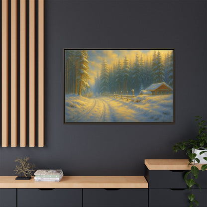 Framed canvas print of a snowy forest sunset scene, featuring a cozy winter cabin in a peaceful snowy landscape.