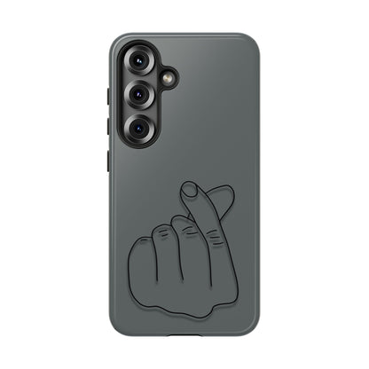 Silicone phone case with embossed Korean finger heart design, compatible with smartphones, by Printify.