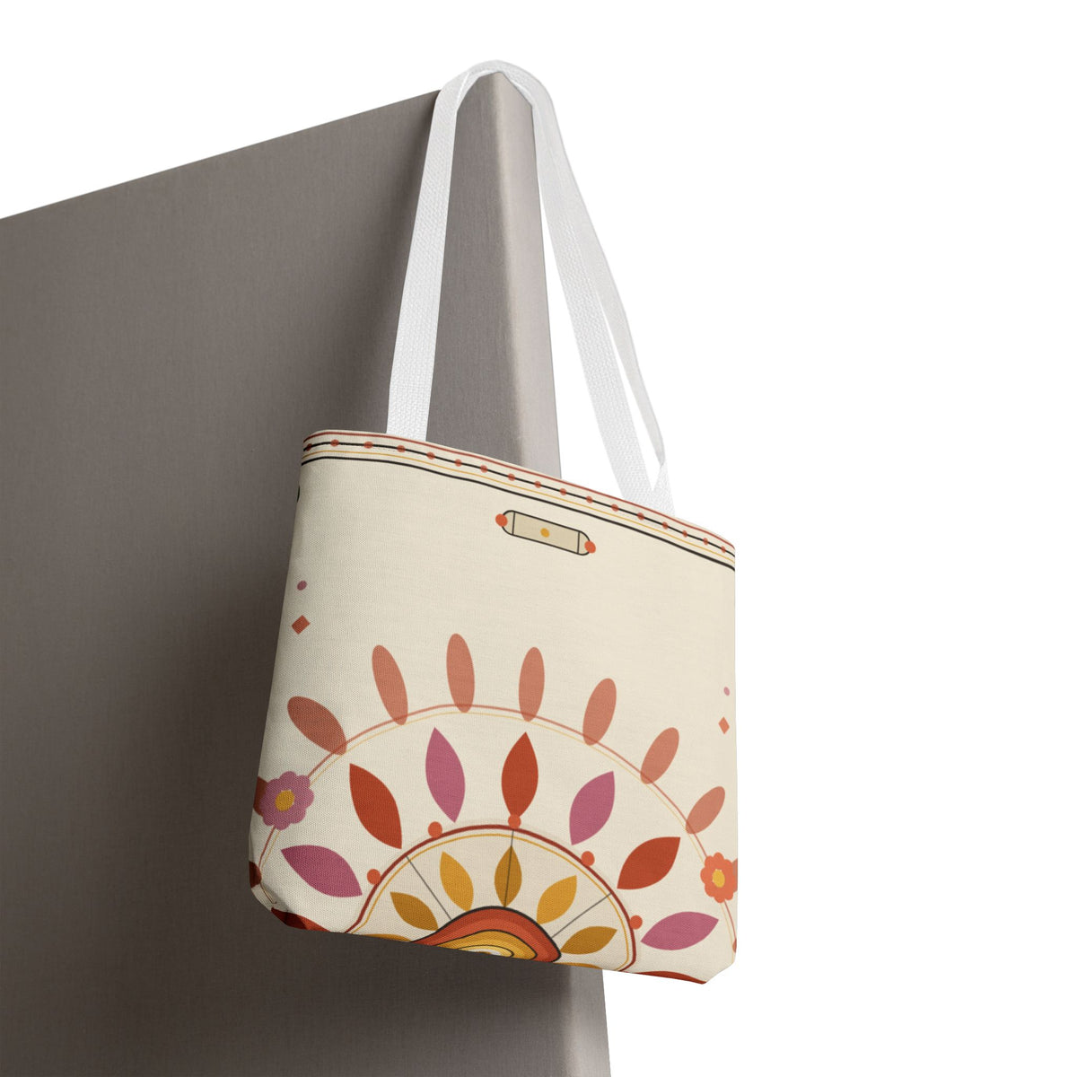 Boho floral mandala tote bag with pastel sunburst pattern, made by Printify, featuring a vibrant, artistic design on a spacious bag.