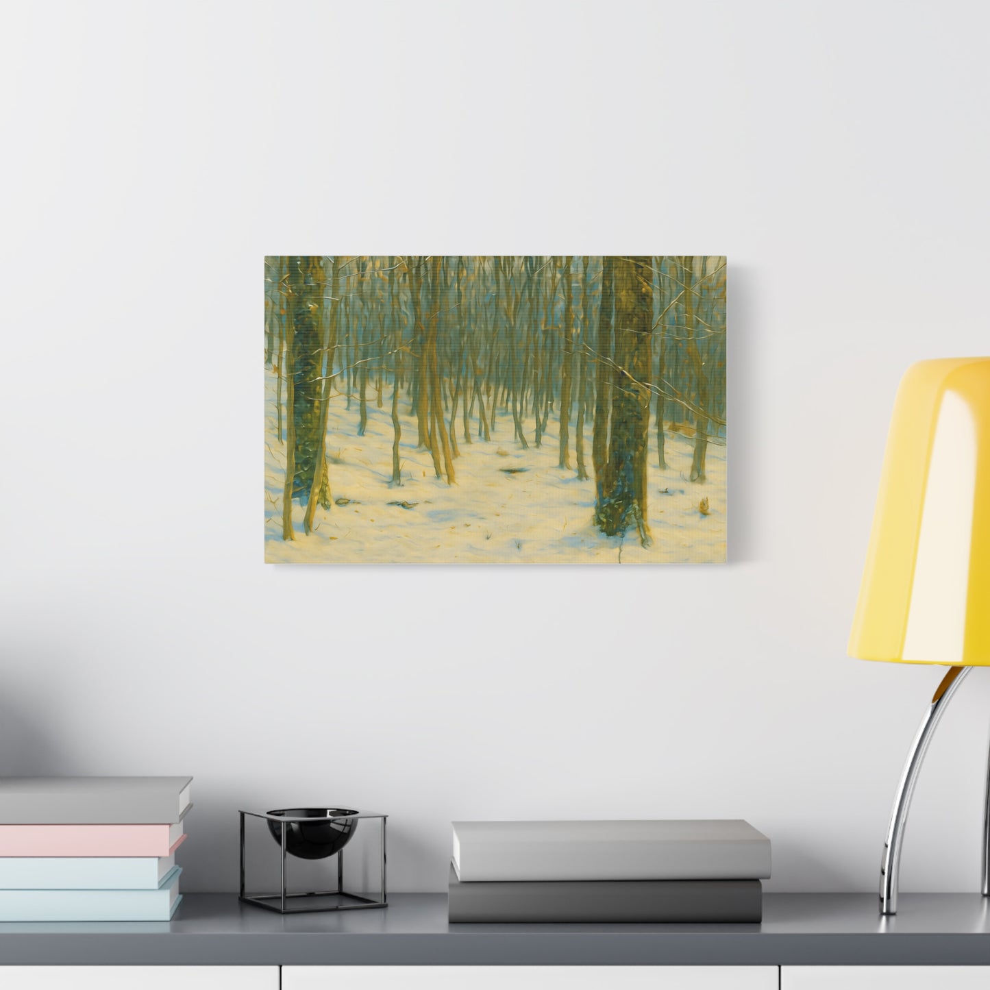 Canvas print of a snowy winter forest with trees, printed on matte canvas by Printify.